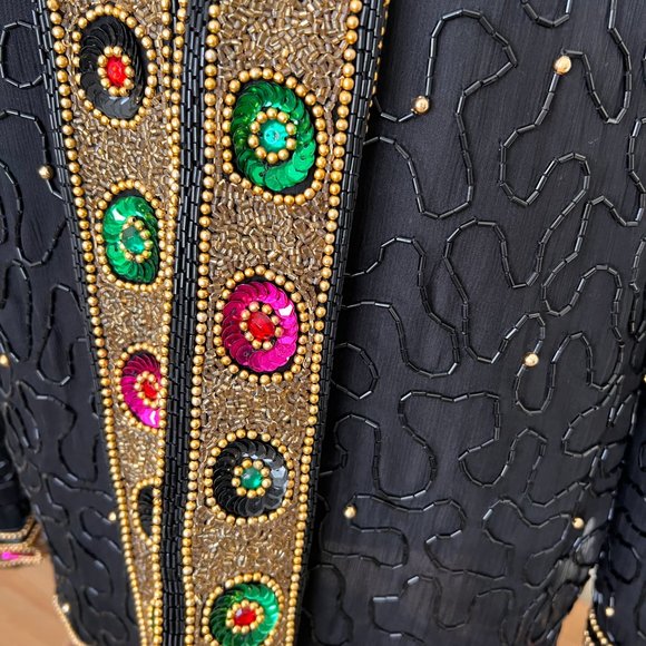 80's Silk Beaded Evening Jacket - Lawrence Kazar - SIze Petite Medium - Picture 5 of 11